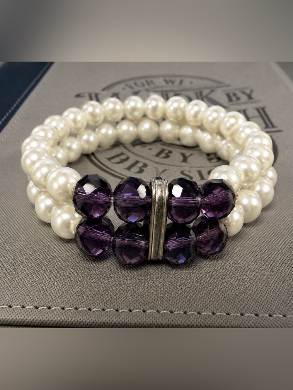 Elegant Double Strand Faux Pearl & Purple Crystal Stretch Bracelet